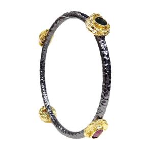 Antique <b>Sterling</b> <b>Silver</b> <b>925</b> Gold Plated Oxidize Multi Color Tourmaline Hammer Texture Wholesale Handmade Women Bangles <b>Bracelets</b> - Product Image 2
