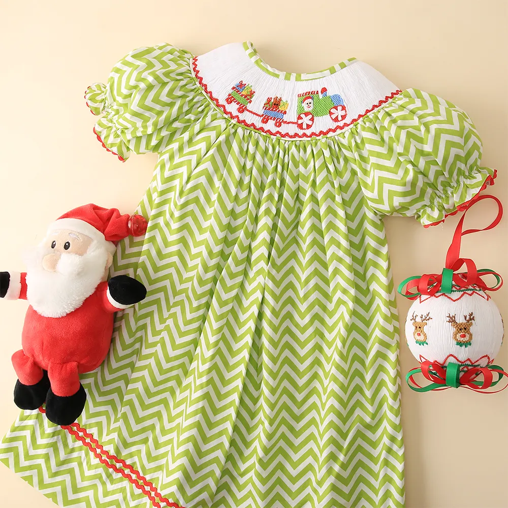 Christmas train hand smocked dress OEM ODM kids clothing wholesale Christmas baby clothing - BB2342