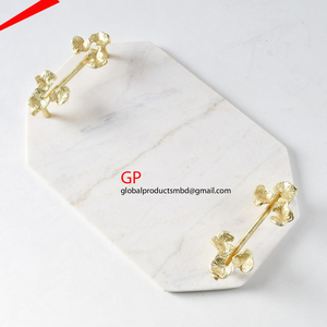 Plateau décoratif avec poignée en feuille dorée, plateau en marbre - Product Image 4