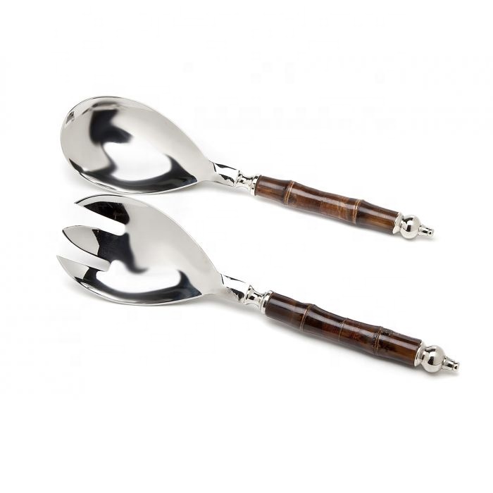 Natural Bamboo Handle Stainless Steel Salad Server Spoon Set