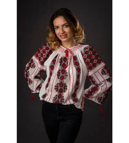 Vrouwen Voorjaar Blouses & Shirts Kruissteek Geborduurd Roemeens Blouses Katoen Zomer Kleding Vintage Roemeens Blouse