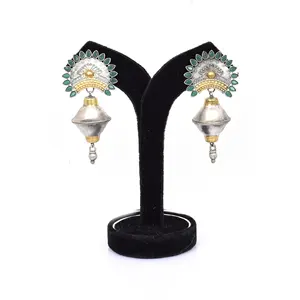 Indian Traditional Oxidized Antique Green Stone Dual Tone Bohemian Handcrafted Statement Earring For Women