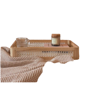 Bandeja de servicio de ratán grande, forma de rectángulo, atractivo diseño de red marrón tejido, perfecto para servir comida, restaurante en casa - Product Image 1