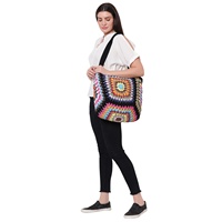Sac fourre-tout à bandoulière en coton crocheté fait main, motif géométrique coloré, grand format, avec deux poignées