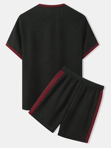 <b>Mens</b> Quick Dry Knitted Cotton Shorts Two-Piece Outfit Crew Neck Drawstring Pocket Short Sleeve Track Set Summer - Product Image 2