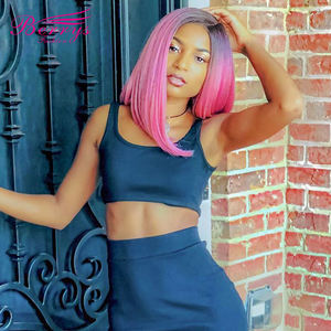 Berrysfashion <span class=keywords><strong>cabello</strong></span> brasileño Remy encaje frontal Bob pelucas 13*4 recto marrón claro encaje gris rojo azul raíces oscuras mujeres - Product Image 1