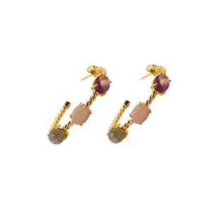 Boucles d'oreilles créoles à griffes plaquées or de forme ovale Designer Labradorite Purple Amethyst & Peach Moonstone. Mode E-197 Joyas
