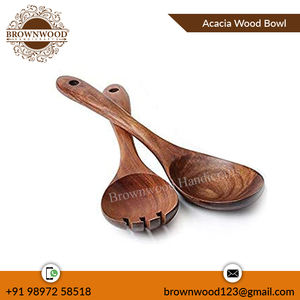 Cuenco de madera de acacia de gran venta con cuchara, tenedor, Juego de 3 cuencos redondos de madera ecológicos para ensalada, sopa, servicio de alimentos y uso en el comedor - Product Image 4