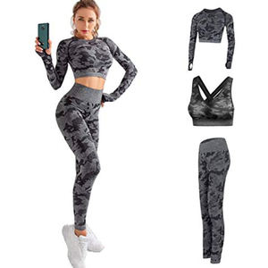 Ensemble de 3 pièces de yoga pour femme, tenue et costume de sport, ensemble d'entraînement, de fitness, sans couture, à manches longues, 2020 - Product Image 2
