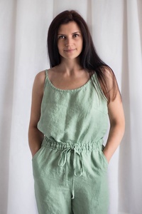 Combinaison Bohème en Lin Vert Clair Solide pour Femme, Bretelles Fines, Taille Élastique, Coupe Ample, Décontractée, Respirante, Écologique, Idéale pour l'Été - Product Image 2