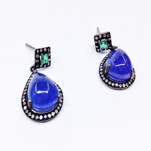 Pendientes colgantes artificiales hechos a mano para mujer, aretes de diamantes de tanzanita y Esmeralda, oro de 14 quilates, venta al por mayor - Product Image 2