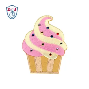 Custom Embroidered Cute Patch Rhinestones Patches cupcake design adhesive backing sticker