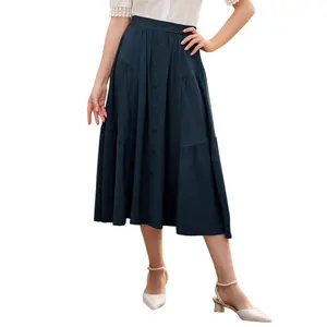 Vrouwen Vintage Tiered Hoge Taille Knop Versierd A-lijn Swing Rok Zwart Midi Dame Rok