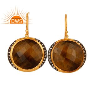 Pendientes de ojo de tigre con gancho de piedras preciosas, proveedor de joyería, amarillo, chapado en oro de 18k, Plata de Ley 925, fabricante de joyería - Product Image 1