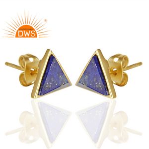 Boucles d'oreilles clous en laiton plaqué or jaune avec lapis-lazuli taillé en triangle pour femme, bijoux de mode - Product Image 2