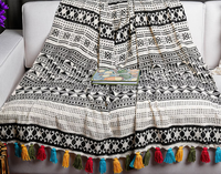 Plaid marocain fait main en coton tissé, multicolore avec pompons, noir et blanc, toutes saisons, lavable, carré, pour voyage et salon