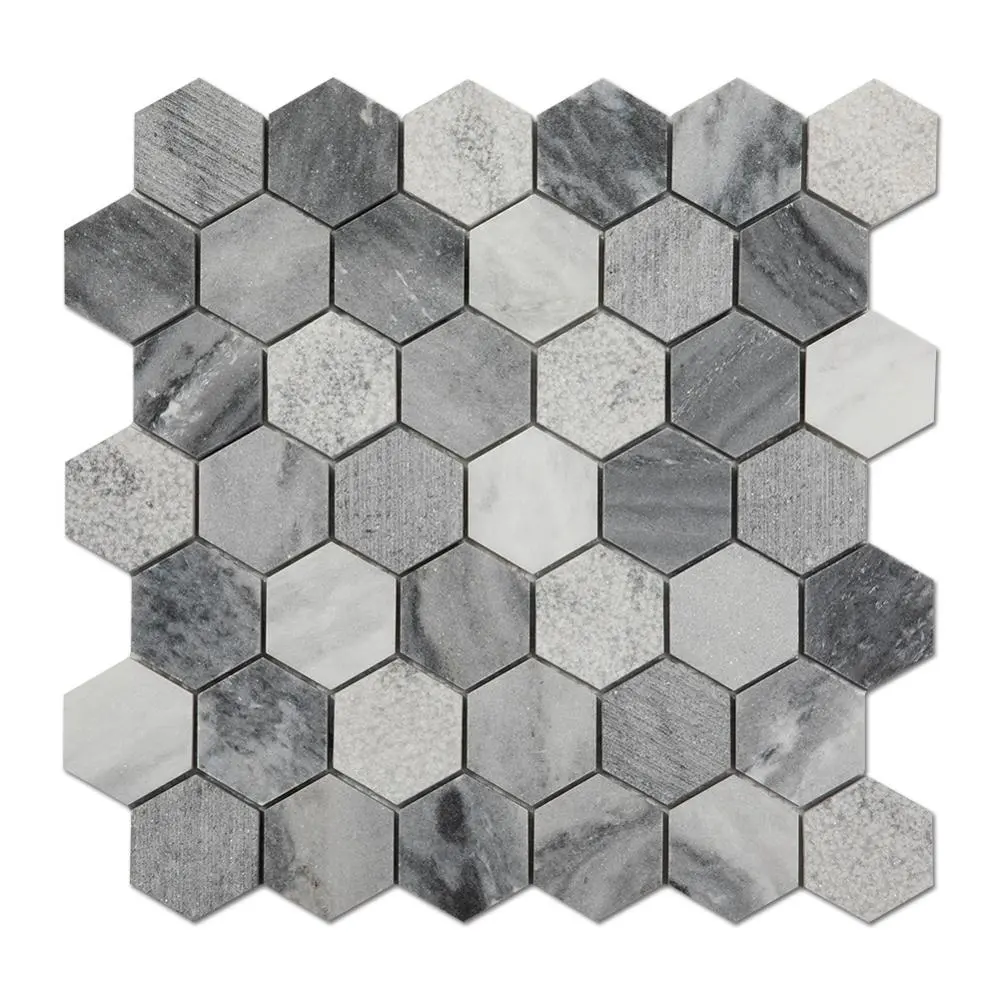 Jahrhundert Grigio Toscana 2'' Hexagon Marmor Mosaik 3 Verschiedenen Finish Chips Gemischt Fliesen