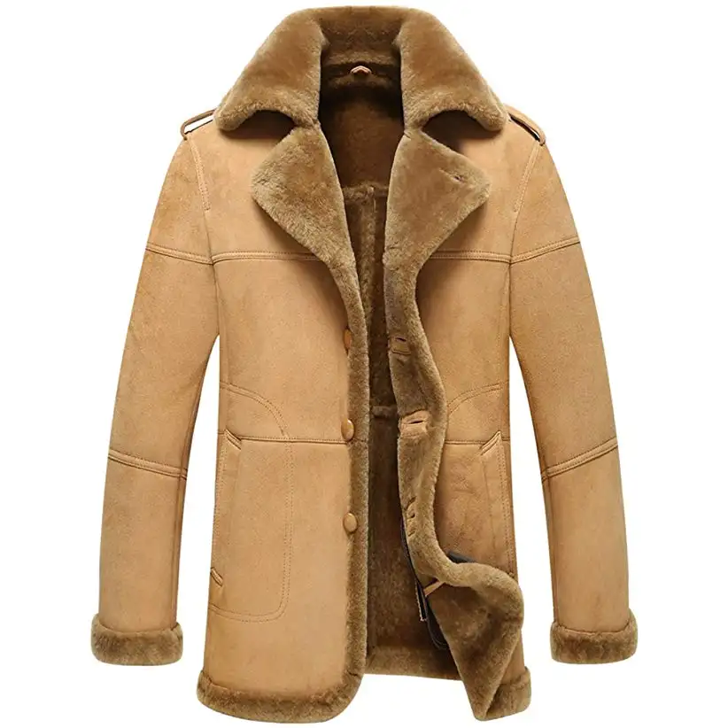 Mens Custom Wholesale Genuine Sheep/Buffalo Leather with Artificial Fur Lining Winter Shearling Coat Parka