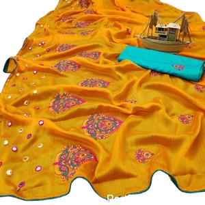 Sarees Soie Partie Porter Indien Dernier Designer Femmes Porter Sari avec Blouse Japon Satin Crape Soie Tissus Doux Impression Numérique Sari ApparelGarment - Product Image 1