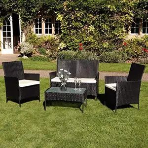4 piezas de muebles de jardín de ratán mimbre doble sillas y mesa de muebles al aire libre