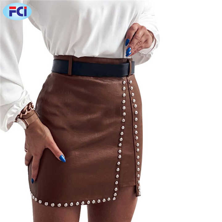Women's Pencil Skirt Faux Leather High Waist Elegant Mini Skirt Sexy Studded Leather Skirt