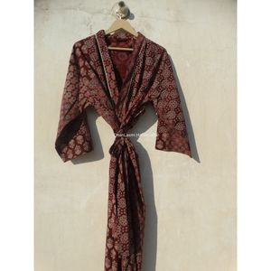 Femmes Bourgogne Ajrakh Main Bloc Imprimer Maxi Robe Kimono Hippie Style Bohème Vêtements De Nuit D'été Nuisette Indien Longue Robe - Product Image 5