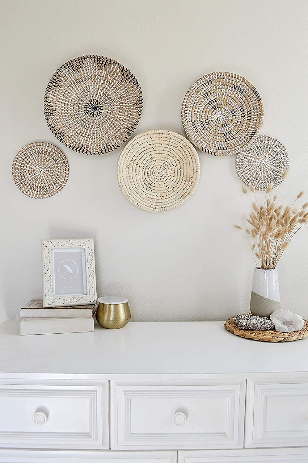 Handgemaakte Boho geweven wandmanden set van 5 hangende muur mand decor met rotan muurkunst