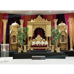 Gran tema dorado, configuración de escenario de fibra Rajwadi para boda real, boda musulmana, decoración de escenario Mahraja para celebraciones de boda - Product Image 1