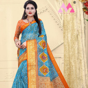 Look traditionnel indien vêtements de mariage broderie avec imprimé travail Georgette soie Saree femmes portent ciel couleur meilleur prix Surat Apparelgarment - Product Image 1