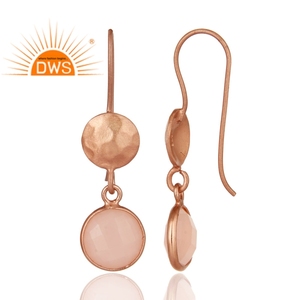 Rose Chalcedony Gemstone Earrings Wholesale Rose Gold Plated Hammered Silver Bezel Set Drop Earrings Jewelry - Product Image 3