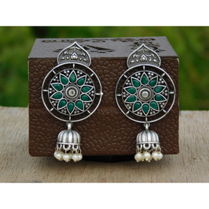 Designer artificial stone handmade brass silver look alike hoop stud jhumka earings for women and girls - Product Image 6