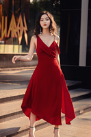 Nouvelles Arrivées Robes Midi en Chiffon Uni Col V Croisé Taille Naturelle Bordeaux Marron pour Femme Soirée Bal de Promo Fermetures Éclair Asymétriques
