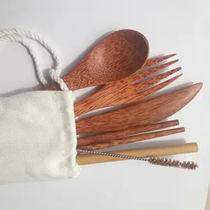 Set di posate da viaggio in legno di ebano e cocco di coltello forchetta cucchiaio e pacchetto personalizzato realizzato in Vietnam di alta qualità durevole