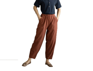 Direct fabricant confortable nouveau Style marron lin taille haute pantalon pour femmes 100% lin pour travail Yoga été plat avant - Product Image 3