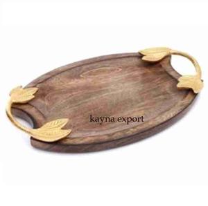 Bandeja decorativa de madera con diseño de hoja, mango dorado, bandeja de madera para servir comida, estilo restaurante - Product Image 1