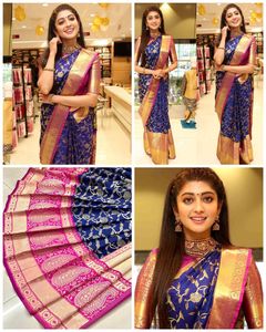 ผ้าไหมชารีสีน้ำเงินกรมท่าขอบสีชมพูเข้ม ลวดลายจาการ์ดหรูหราบนผ้าซารีทุกแบบสำหรับผู้หญิง พร้อมงานปักเลื่อมที่ขอบเสื้อ RoyalExpory - Product Image 2