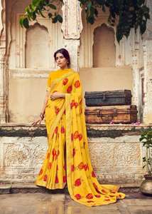 Moderne belle fête porter fleur imprimé travail avec Georgette tissu soie Saree et non cousu Blouse couleur argent femmes portent Alphanumero - Product Image 5