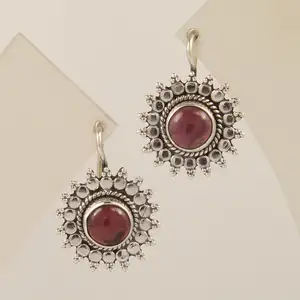Artistic Value Garnet Earrings Round Cab Natural Red GARNET Gemstones Fix Wire 925 Pure Sterling Silver Jewellery