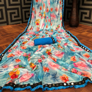 ชุดปาร์ตี้ผ้าเรยอนผ้าไหมผ้าซาตินผ้านุ่มพิมพ์ลายพื้นเมืองสำหรับผู้หญิงเสื้อส่าหรีดีไซน์ใหม่ล่าสุดของอินเดีย - Product Image 1