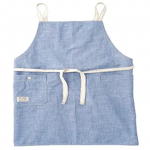 定制标志重型围裙烘焙烹饪蓝色100% 棉耐热围裙带两个口袋