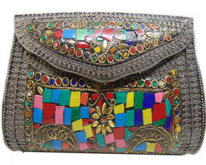 Antique multicolore mosaïque pierre pochette décontracté fête mariage sac à bandoulière chaîne décoration rabat motif fait à la main sac en métal - Product Image 1