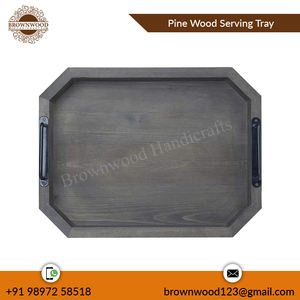 Elegante bandeja de servicio octogonal de madera de pino con asas de metal Set 2 Decoración de madera elegante para cocina Hotel y restaurante Uso - Product Image 3