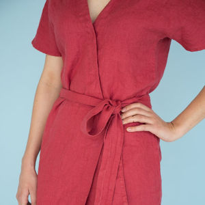 New arrival fashionable trending latest design rose madder color crepe fabric v-neck half sleeve knee-length women linen dress - Product Image 1