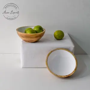 批发芒果木制实木碗，里面有白色搪瓷，用于沙拉和爆米花