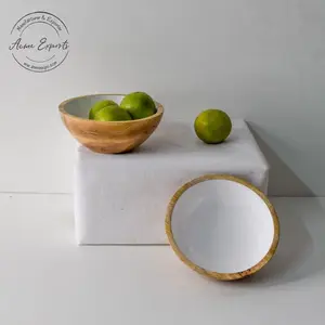 Cuencos de madera maciza con Mango, cuencos con esmalte blanco en el interior para ensaladas y palomitas de maíz, venta al por mayor