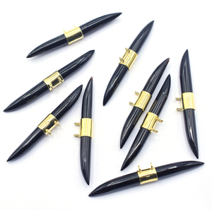 Onyx noir deux côtés pointeur épée forme 925 lunette en argent Sterling plaqué or pendentif fabrication de bijoux à la main - Product Image 1