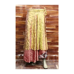 Cổ Điển Tái Chế Lụa Sari Floral In Bọc Xung Quanh Váy Với Vành Đai Mùa Hè Dài Bãi Biển Mặc Váy Cho Phụ Nữ Và Cô Gái