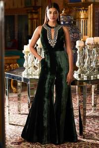 2021 Velvet Jump-Suit with Elegant Lace Button Embroidery Sequined Beaded Waistline Stylish Sexy Patterns for Party Wedding Wear - Product Image 2