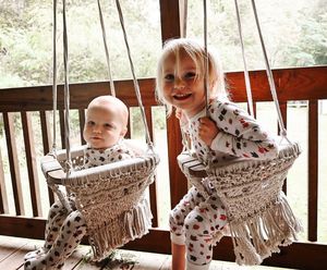 Baby <b>Swing</b> Hanging Chair Handmade Macrame Cotton Beige Wooden Background Indoor Outdoor - Product Image 1