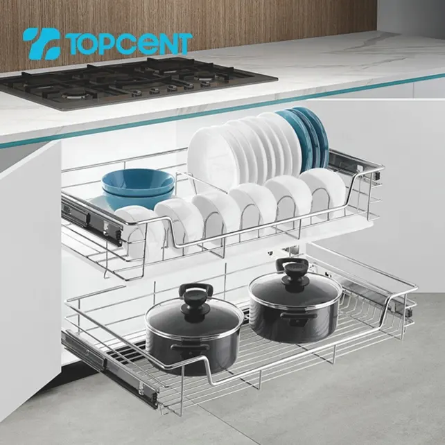 TOPCENT wholesale stainless steel kitchen cabinet cupboard pullout drawer kitchen pull out basket